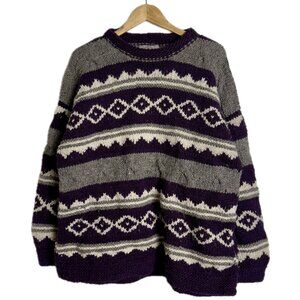 Vintage Sweater Men Large Purple Grey Wool Cableknit 90s Ecuador Geo Chunky Ski